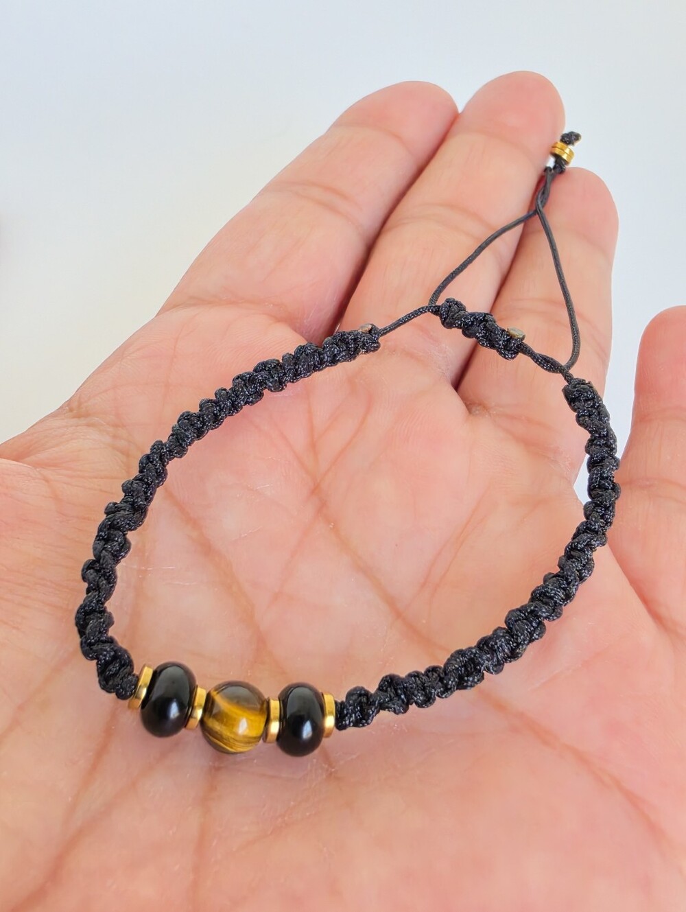 Handmade Tiger Eye Macrame Bracelet Adjustable Black Cord Unisex Boho Gift